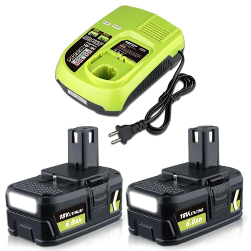 P108 18V 6000mAh 2Pack Lithium Replacement for Ryobi Battery and P117B Charger Compatible with Ryobi...