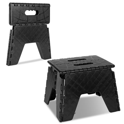 Albert Austin Folding Step Stool Durable Plastic Small Step Stool Slip Resistant Stepping Stool With Built-In Handles 150kg Capacity Folding Footstool Lightweight Stool For Kitchen Laundry (Black)