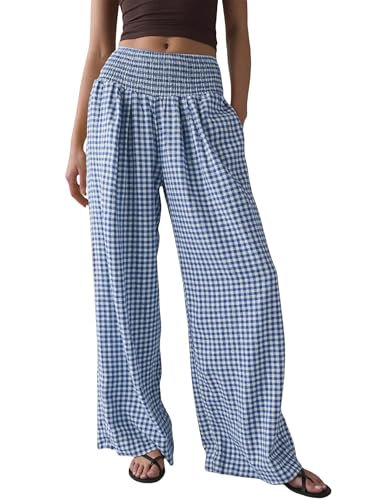 Womens Gingham Pants Cotton Wide Leg Plaid Pant Elastic Waist Lounge Pajama Bottoms Y2K Beach Vacation Trousers with Pockets