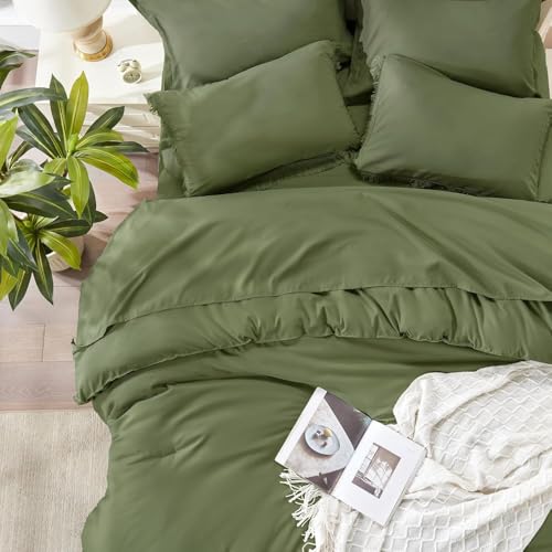 Image of Andency Oversized King Comforter Set with Sheets 120x120 Olive Green - 7 Pieces Boho Tassel Bed in a Bag Soft Lightweight Bedding Sets, Fringe Bed Set with Comforter, Sheets, Pillowcases & Shams