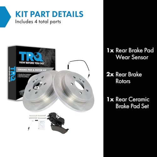 Image of TRQ Rear Brake Pad and Rotor Set Ceramic Solid Rotors Wear Sensor | For 1999-2003 Mercedes-Benz ML320 2003-2005 ML350 1999 ML430