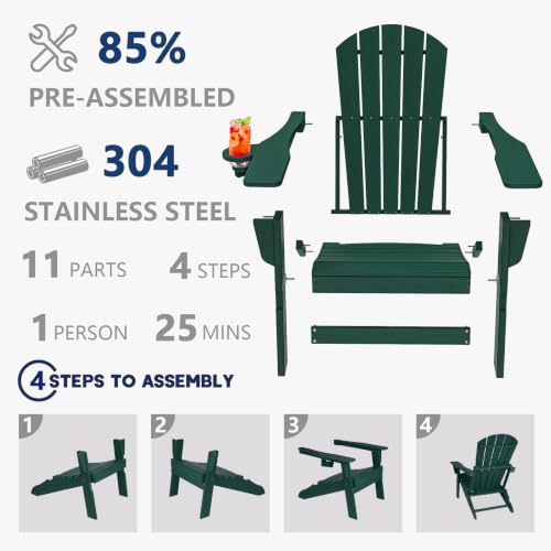 Image of Plawdlik Folding Adirondack Chair Set of 3, Cup Holder, Green | pin-free folding, 38-in tall back, Wood-grain All-weather HDPE; for fire pit, poolside, deck, backyard, patio