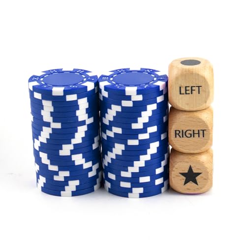 BEABOY Left Right Center Dice Game Set, Upgrade Right Left Center Dice Game Set with 3 Pcs Beech Wood Dices + 40 Pcs Blue Poker Chips