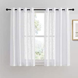 PONY DANCE Voile Curtains 54 Drop - Semi Sheer Faux Linen Curtains Pair Window Treatment Home Decoration Heavy Duty Net Sheer for Kitchen/ Bedroom, W 52 inch x D 54 inch, White