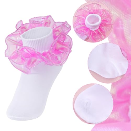 Girls White Ruffle Lace Frilly Socks, Double Lace Turn Cuff Socks for Toddler Little Girls Dress and Daily 3 pairs3