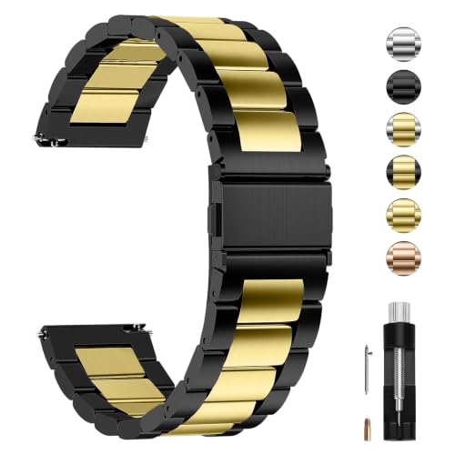 Image of Fullmosa 20mm Stainless Steel Watch Band, Quick Release Metal Replacement Strap with Removable Links, Includes Spring Bars & Link Removal Tool for Men Women (Black+Golden)