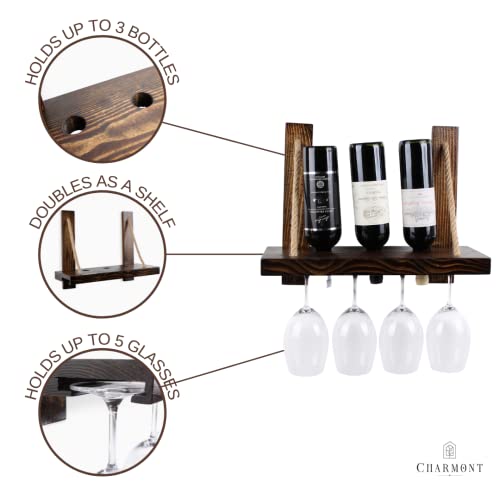 Charmont Wooden Rustic Wine Rack - Floating Wall Mounted Rope Hanging Wine & Glass Shelf, Perfect Home Bar Kitchen Storage Or Nautical Décor Wedding Gift (Burnt Dark Walnut Finish 3 Bottles & 5 Cups) #TOP2