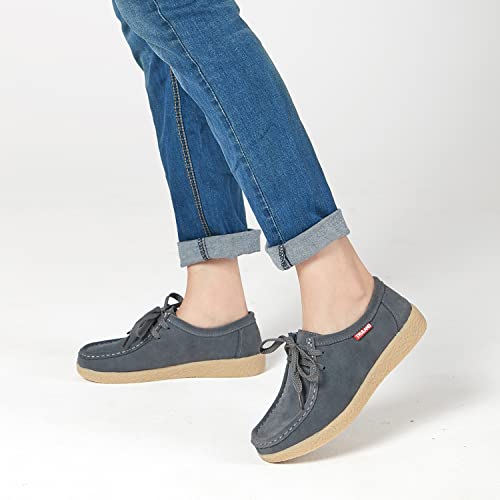 Image of TRULAND Leather Oxford Shoes for Women - Suede Lace Up Moc Toe Low Platform Flat Wallabees Shoes