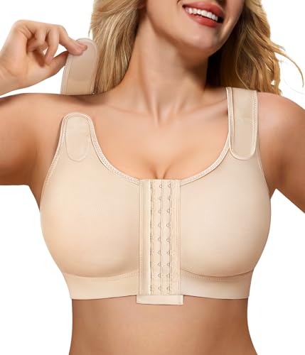 CYDREAM Front Closure Everyday Bras for Women Compression Post Surgery Support Wireless Unlined Bra Full Coverage Comfort Beige