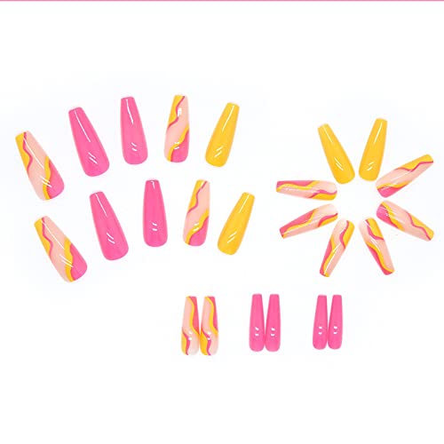 24 Pcs Acrylic Press On Nails Long Fake Nails Colorful Stripes Glue On Nails Coffin Shaped False Nails With Yellow Rose Red Color Glossy Stick On Nails For Women Girls #TOP5