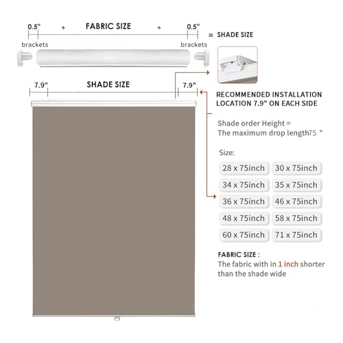 Joydeco Blackout Cordless Roller Shade for Windows,Coffee Fabric Black Out Mini Blinds for Sliding Glass Door Bedroom Home Darkening (35x 75)