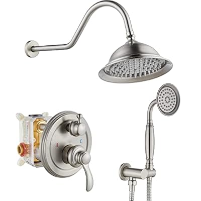 gotonovo Rainfall Shower System with Shower Head and Handle Set Bathroom Shower Faucet Set with Handheld Spray High Pressure Rough-in Valve Included 8 Inch Round Shower Head Brushed Nickel