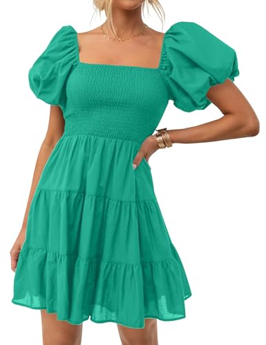 Image of ZESICA Women's Boho 2026 Summer Square Neck Puff Sleeve Off Shoulder Smocked Tiered Casual A Line Short Mini Dress