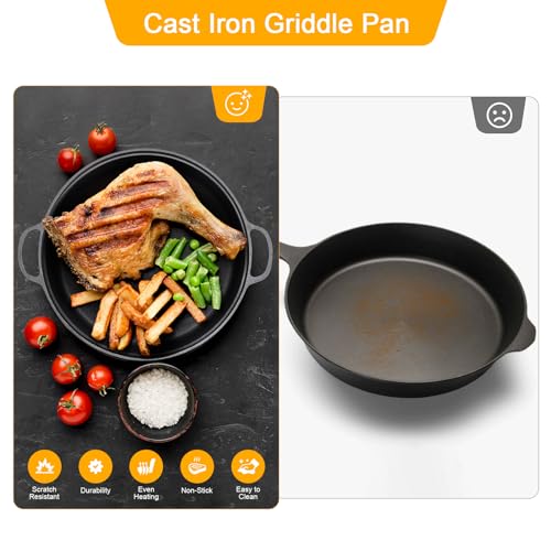 Warmiehomy Cast Iron Griddle Pan,35cm Pre-Seasoned Non-Stick Grill Pan,Round BBQ Skillet with 2 Handles for Gas Induction Hob,Flat Surface - Image 4