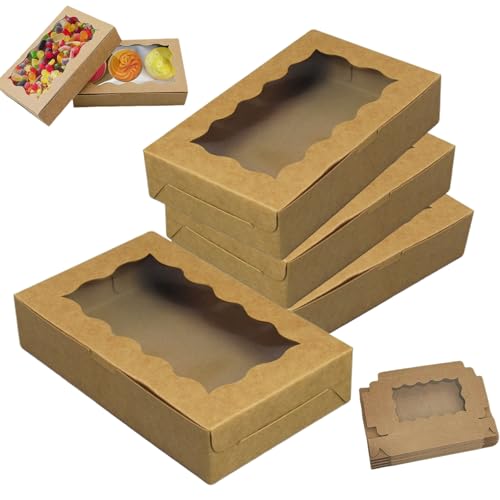 QHSXMQ Pack of 20 Biscuit Boxes with Viewing Window 17.8×11×3.8cm Cupcake Boxes Brown Small Cake Boxes Foldable Cookie Box Cardboard Gift Boxes for Biscuits Desserts Confectionery Gifts