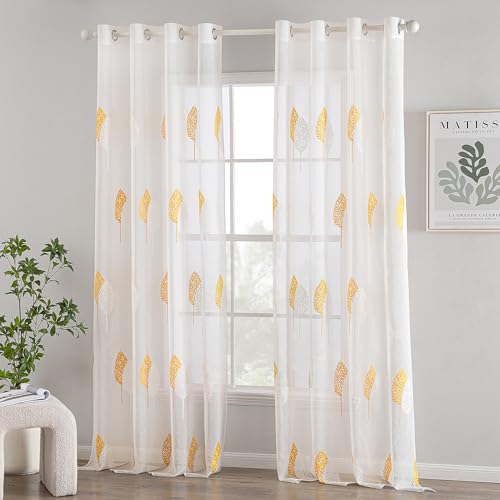 MIULEE Rideaux Voilage avec Beau Motif de Feuilles Jaune et Blanc, Intérieurs Rideau Voile Brodé a Oeillets Largeur 140 CM Hauteur 260, Transparent Voilage...