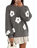 MEROKEETY Women's 2025 Fall Floral Sweater Cute Long Lantern Sleeve Crewneck Knit Pullover Tops, Gray, Medium
