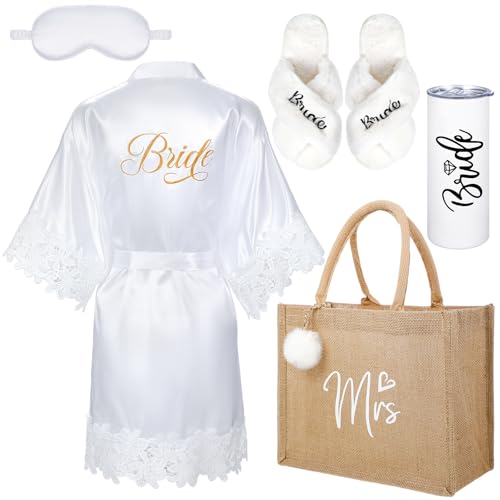 Handepo 5 Pcs Bridal Shower Robe Gifts Bride Gift Set with Sleeping Eye Mask Slippers for Wedding Party Bridesmaids(Bride)