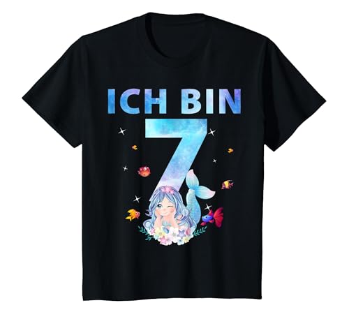 7. Geburtstag Mädchen 7 Jahre Meerjungfrauen Geburtstags T-Shirt, Kinder, Schwarz, 128