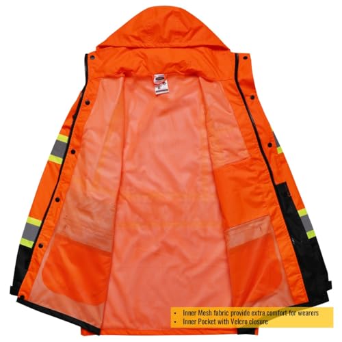 Image of JKSafety Hi Vis Rain Jacket for Men Women Class 3 Rain Gear OBlack 3XL | Hi Vis Waterproof 150D Oxford Rain Suit Breathable Mesh Lining 7 Reflective Strips for Outdoor Work in low-light environment