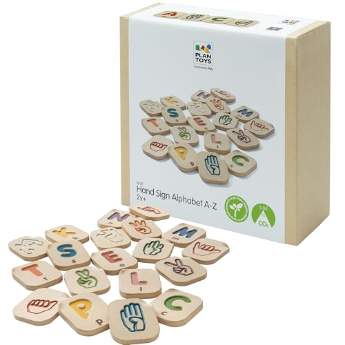 PlanToys Hand Sign Alphabet A-Z | 26-Piece Sign Language Learning Toy for Kids | Uppercase and Hand Sign Pairing | Educational Toy for Language & Communication Skills | Eco-Friendly Wooden Toy