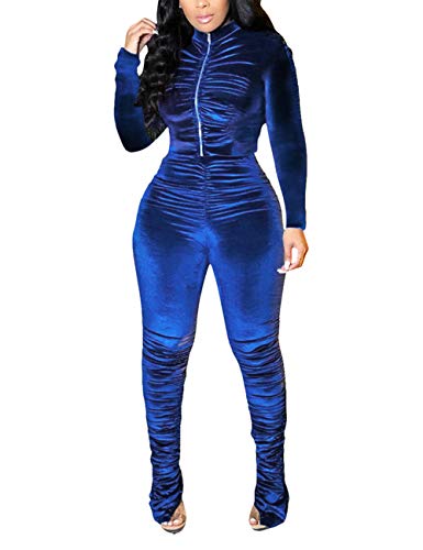 Tracksuit for Women Set Two Piece Sweatsuits Outfits Velour Zip Up Jackets and Stacked Leggings Set Blue OS