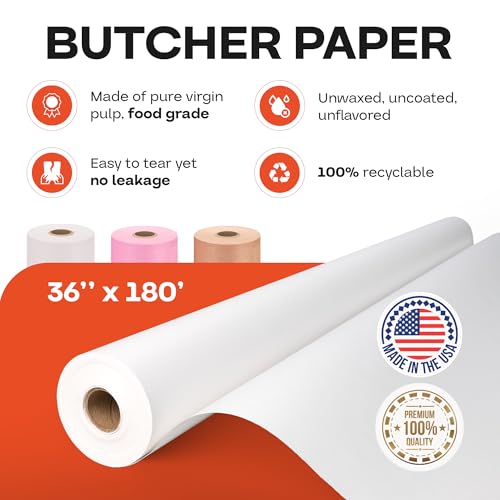 Image of White Butcher Paper 36 inch x 2160 inch (180 feet) - USA-Made Natural Paper Roll