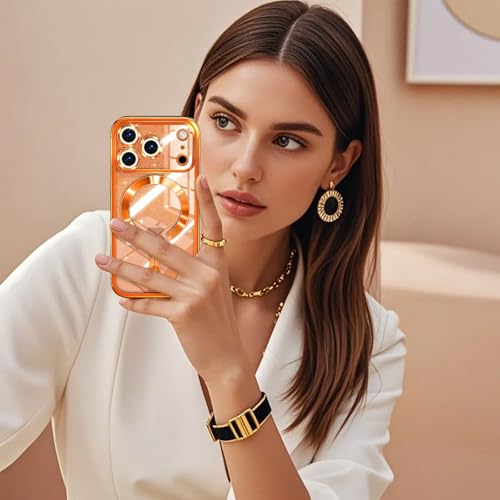 Image of Misscase for iPhone 17 Pro Max Case with Privacy Screen Protector, Built-in Lens Protector, Compatible with MagSafe, Anti-Yellowing Shockproof TPU, Bling Glitter Electroplated Cover 6.9 inch Orange