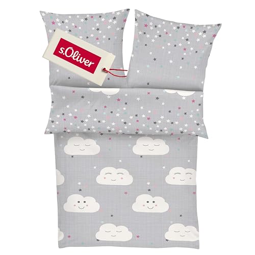 s.Oliver Bettwäsche Wolke 100x135 cm - Kinderbettwäsche grau 100% Baumwolle, Wölkchen und Sterne, Babybettwäsche 2 teiliges Set aus Deckenbezug 135x100cm und Kissenhülle 40x60cm, Reißverschluss