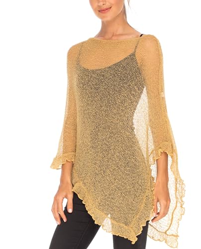 Image of SHU-SHI Women's Sheer Knit Poncho Shrug Lightweight Asymmetrical Ruffle Wrap Dressy Summer Shawl Cover Up Top