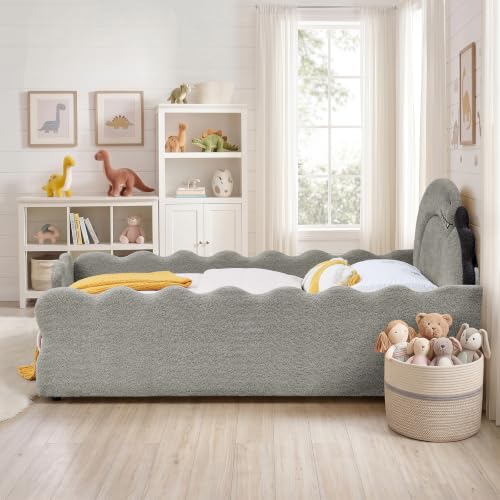 Image of Full Size Kids Bed with Dinosaur Headboard, Upholstered Boucle Fabric Twin Daybed with Slats Support & Side Pocket, Space-Saving Wooden Corner Sofa Couch Day Bed Frame for Girl, Boy, Teenager(Grey)