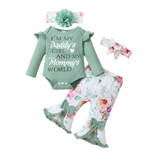 SUNNY PIGGY Newborn Baby Girl Clothes Infant Outfits Romper Floral Fall Outfit Bell Bottoms Pant Sets Hat Headband Flowerpant