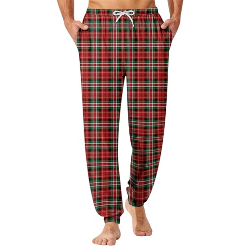 Mens Pajama Pants Comfortable Drawstring Pants Wide Leg With Pockets Comfy Breathable Checkered Trousers Sleep Bottom