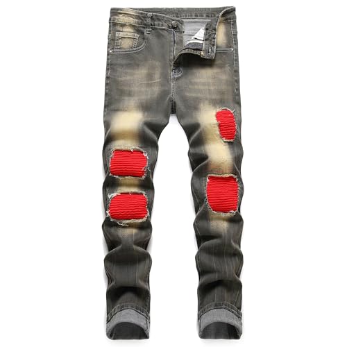 ZEESEN Stretch Jeans for Men Slim Fit Skinny Stacked Ripped Denim Biker Jeans Fashion Distressed Destroyed Stack Pants Comfort Flex Waist Holey Jean 8106-40