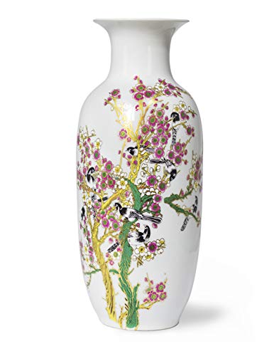 Dahlia Famille Rose Flower Vase, Handmade Chinese Porcelain, Birds On Peach Blossom, Rouleau Shape 15 Inches #TOP10