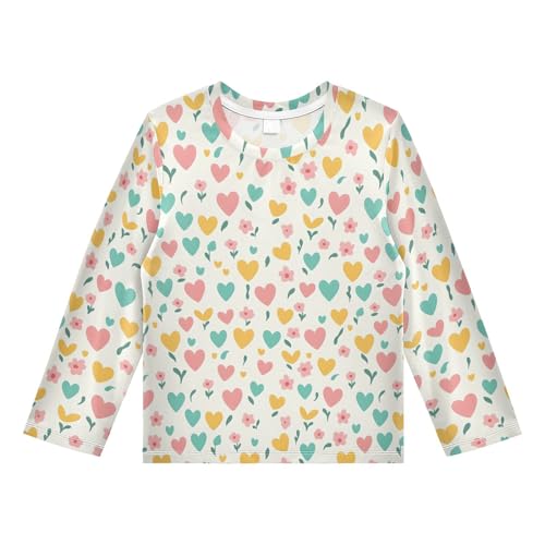Colorful Heart Floral Pattern Boys Rash Guard Swim Shirts Long Sleeve UPF 50+ Quick Dry Sun Protection Shirt Swimwear Surf Tops for Toddler Kid Fishing Swimming Outdoor 11-12T