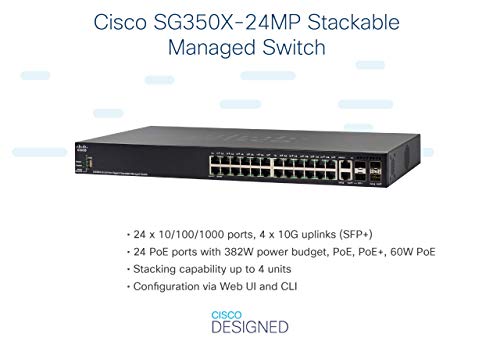 Image of Cisco SG350X-24MP Stackable Managed Switch with 24 Gigabit Ethernet (GbE) Ports Plus 382W PoE, 2 x 10G Combo + 2 x SFP+, Limited Lifetime Protection (SG350X-24MP-K9-NA)