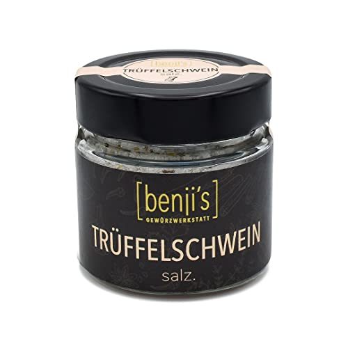 benji's TRÜFFELSCHWEIN salz. Petalos-Salzflocken gepaart mit feinsten Trüffeln - ein Feinschmeckersalz für Jedermann! 80g im Wiederverwendbaren Glas Cover