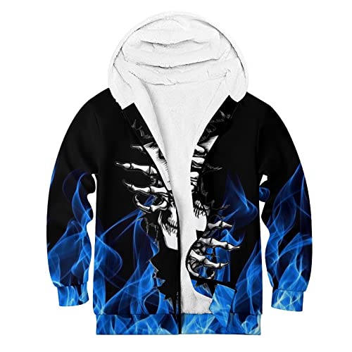 Bwidrmu Novelty Casual Long Sleeve Fire Skull Hooded Sweatshirt With Pockets Zip Up Zipper Fleece Jacket Plus Velvet Hoodies For Men S #TOP4