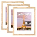 upsimples 11x14 Picture Frame Set of 3, Made of High Definition Glass for 8x10 with Mat or 11x14 Without Mat, Wall and Tabletop Display Photo Frames, Natural