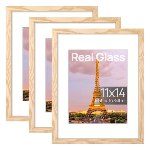Image of upsimples 11x14 Picture Frame, Gallery Glass Photo Frames, 3 Pcs, Natural | Fit 8x10 with Mat and 11 x 14 Photos, Gift for Christmas, Wall Decor and Table Display for Living Room, Hallway, Gallery