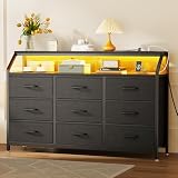 KKL 55' Wide 9-Drawer Dresser for Bedroom with LED Lights and Charging Station, Fabric Dressers & Storage Chest of Drawers with Shelves for Closet, Black