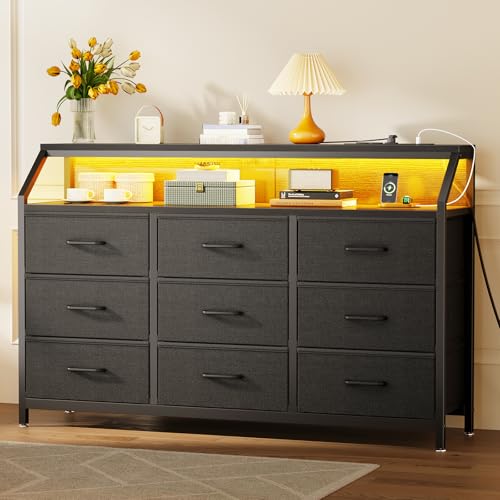KKL 55' Wide 9-Drawer Dresser for Bedroom with LED Lights and Charging Station, Fabric Dressers &...