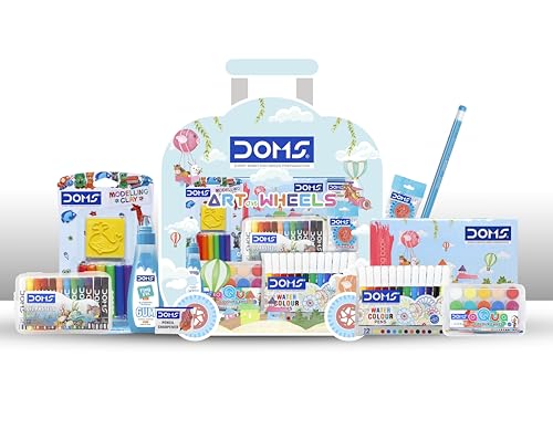 Image of Doms Art On Wheels Assorted Stationery Items Kit+Plastic Crayons 28 Shades Round Tin Gift Pack Combo| Easy to Carry| A Fine Birthday Gift for Children
