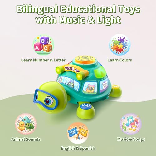 Grasili Musical Baby Toys 6-12 Months, Bilingual Educational Turtle Toys for Infants 5 6 7 8 9 10 Months, Crawling Tummy Time Toy with Light & Sound, Baby Boy Girl Gifts for 6 7 9 12 Months - Image 3