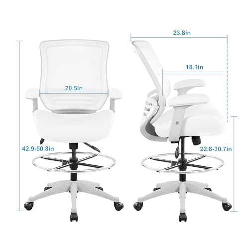 Image of BOLISS 400lbs Mesh Ergonomic Office Drafting Chair Big Adjustable Foot Ring Height Adjustable Armrest (Wht)