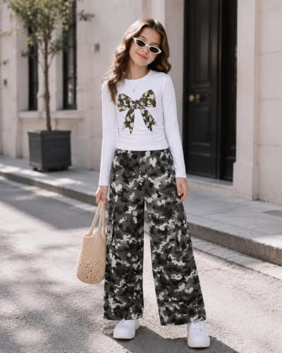 Image of Tween Girls Clothes 2 Piece Outfit Long Sleeve Top + Cargo Pants Fall Winter Clothing Set, Sizes 7-15 Years