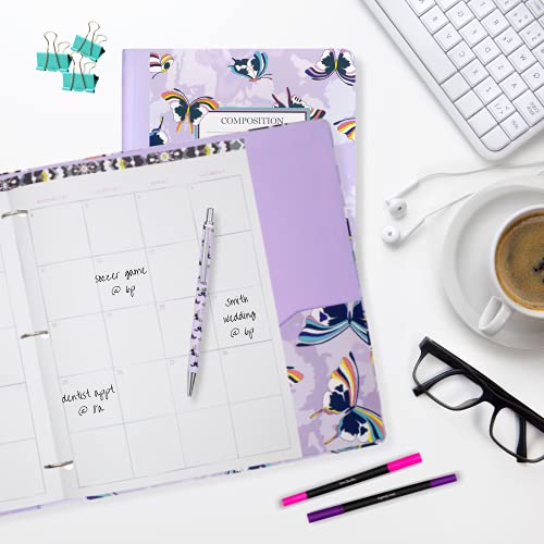 Vera Bradley Purple Hardcover 3 Ring Binder, 1 Inch Round Rings With Interior Pockets, Lavender Butterflies #TOP3