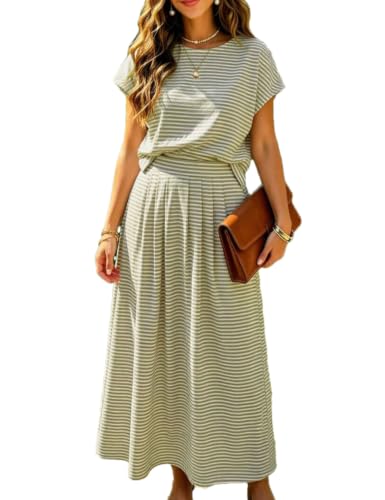 Image of Zontroldy Women's Summer 2 Piece Outfits Striped Skirt Sets Cap Sleeve Crop Top Midi Dress Matching Travel Outfits