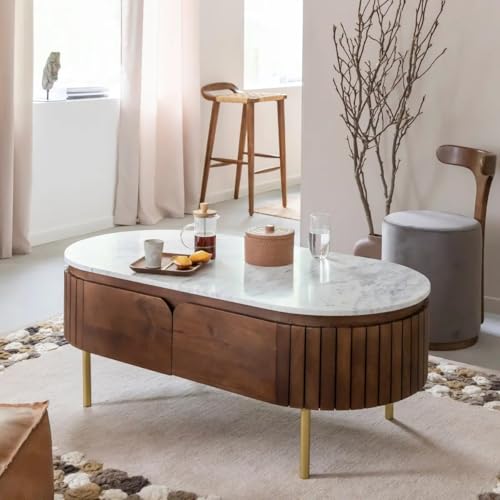 Image of The Attic Carlston Coffee Table, Coffee Table for Living Room, Solid Wood Centre Table with Ceramic Top, Tobacco Brown Finish